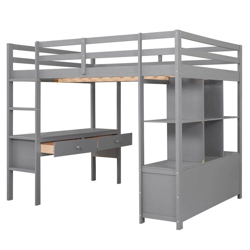 Full Size Pine Loft Bed with Built-in Desk & Drawers