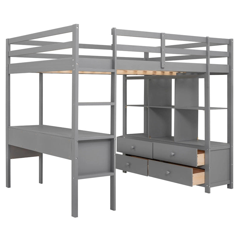 Full Size Pine Loft Bed with Built-in Desk & Drawers