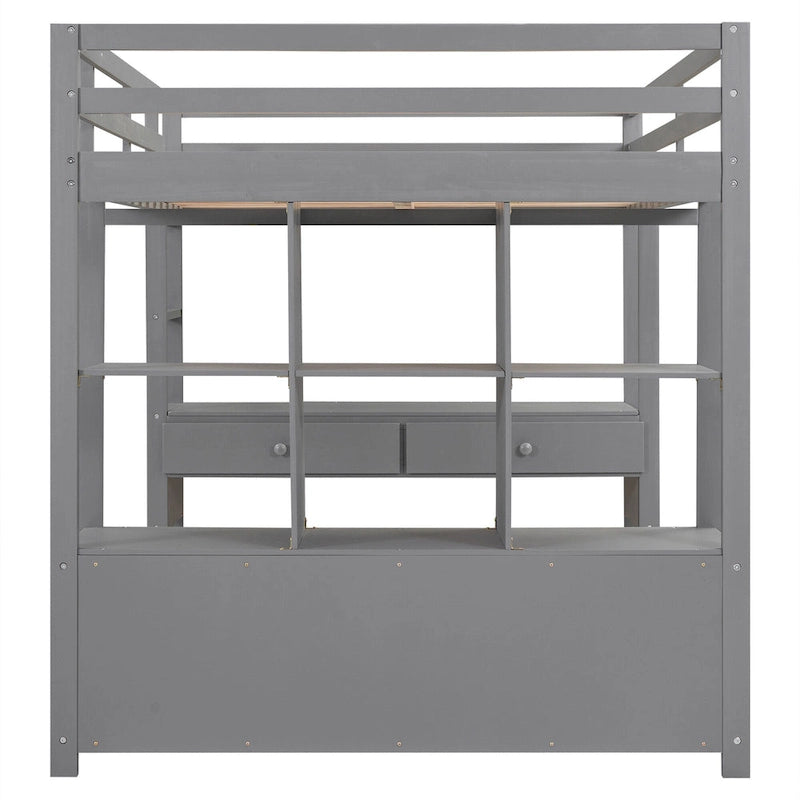 Full Size Pine Loft Bed with Built-in Desk & Drawers