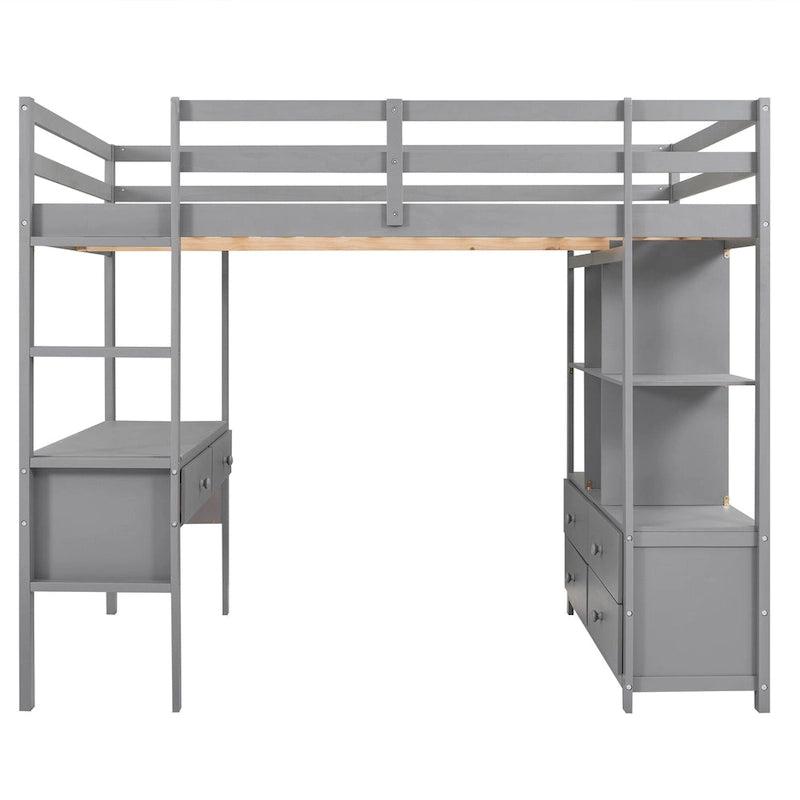 Full Size Pine Loft Bed with Built-in Desk & Drawers