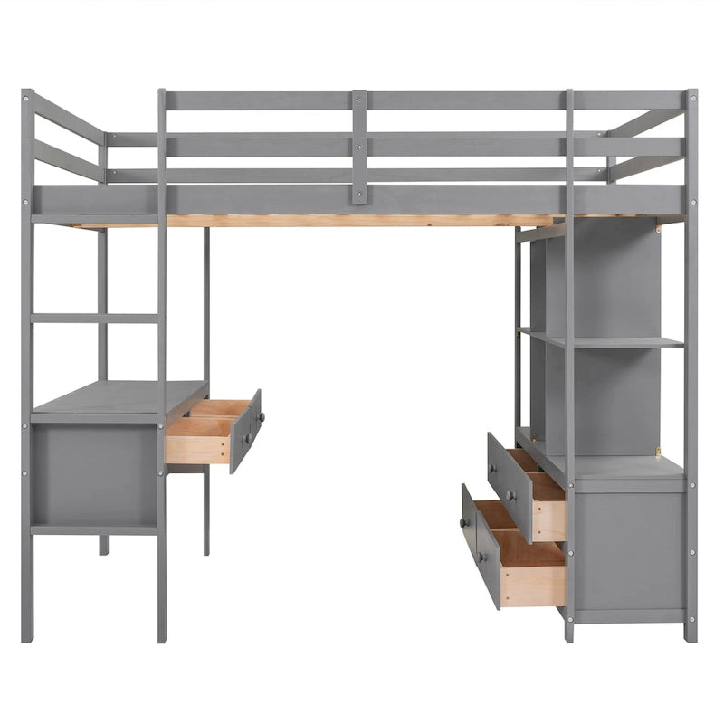 Full Size Pine Loft Bed with Built-in Desk & Drawers