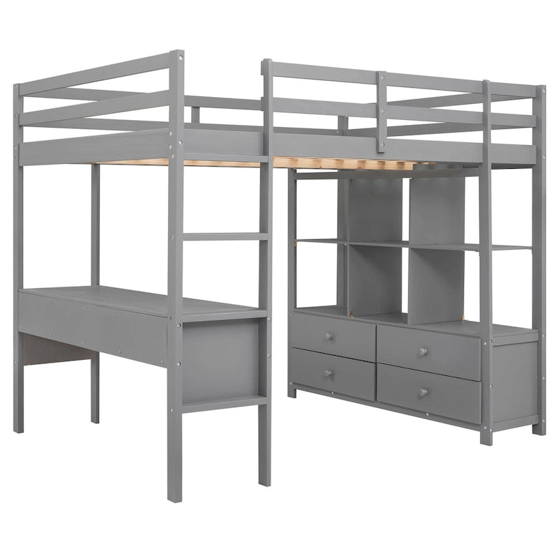 Full Size Pine Loft Bed with Built-in Desk & Drawers