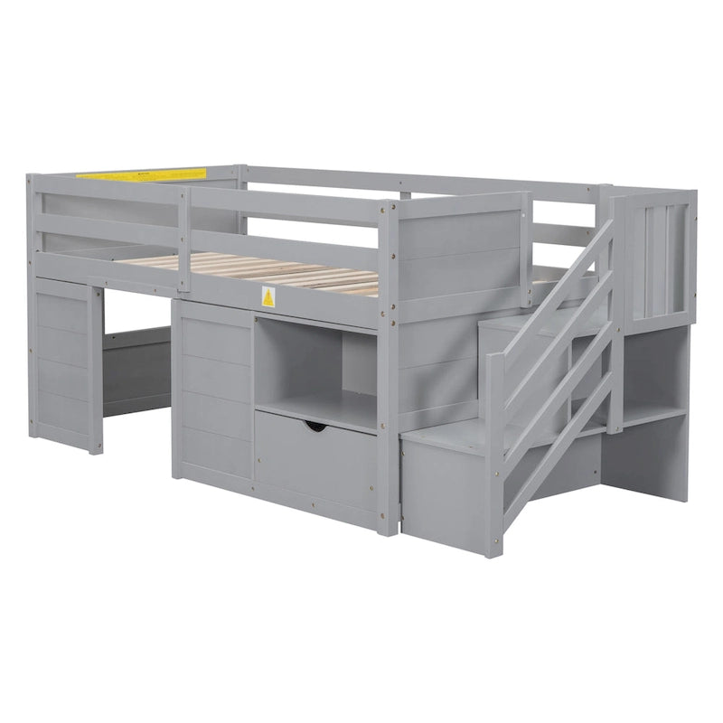 Gray Twin Solid Wood Low Loft Bed with Stair & Drawer