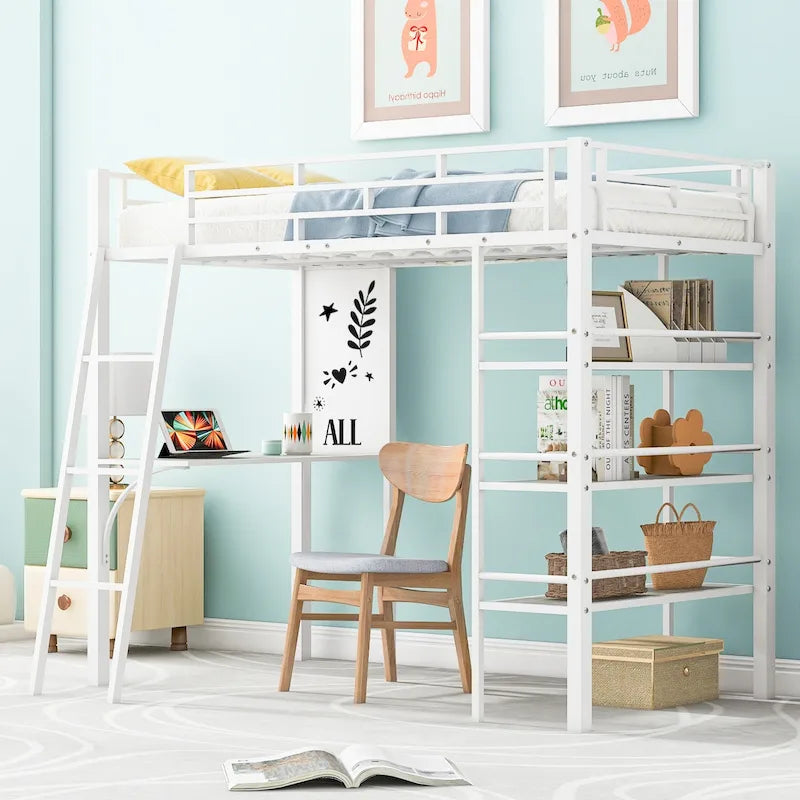 White Twin Loft Metal Bed with Shelves