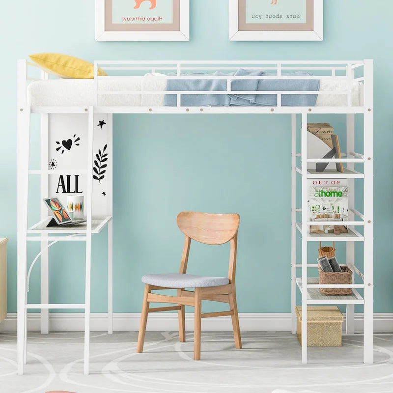White Twin Loft Metal Bed with Shelves