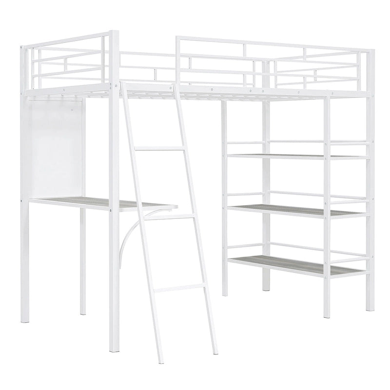 White Twin Loft Metal Bed with Shelves