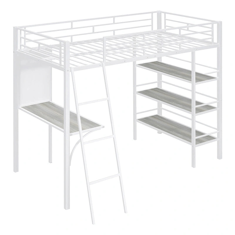 White Twin Loft Metal Bed with Shelves