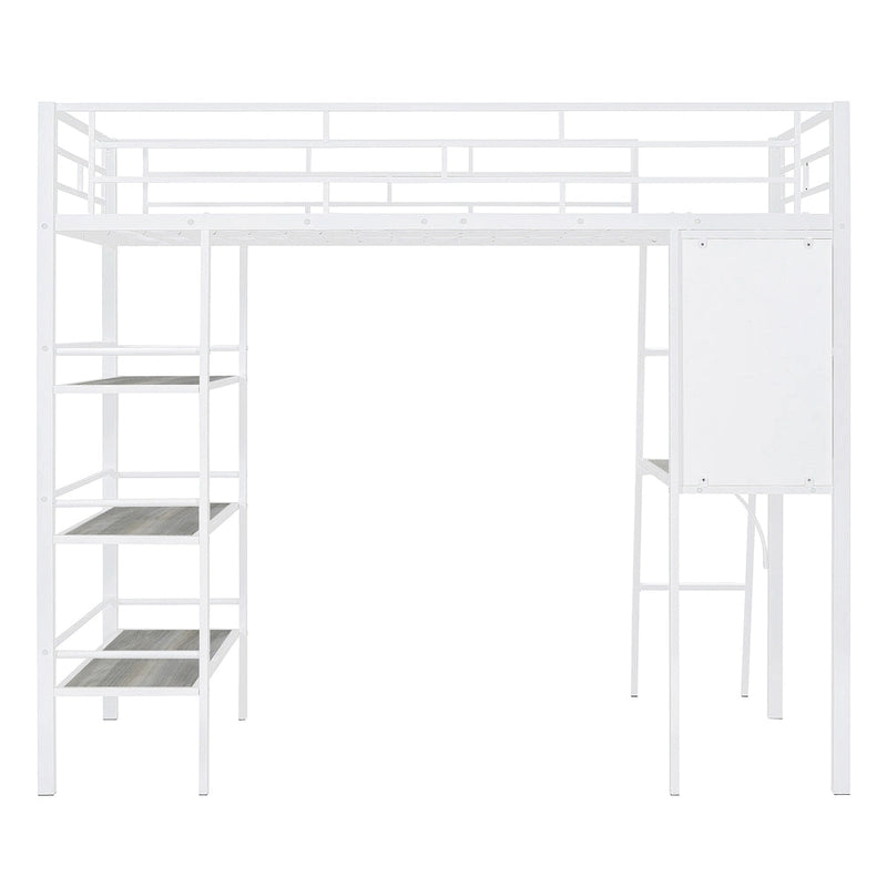 White Twin Loft Metal Bed with Shelves