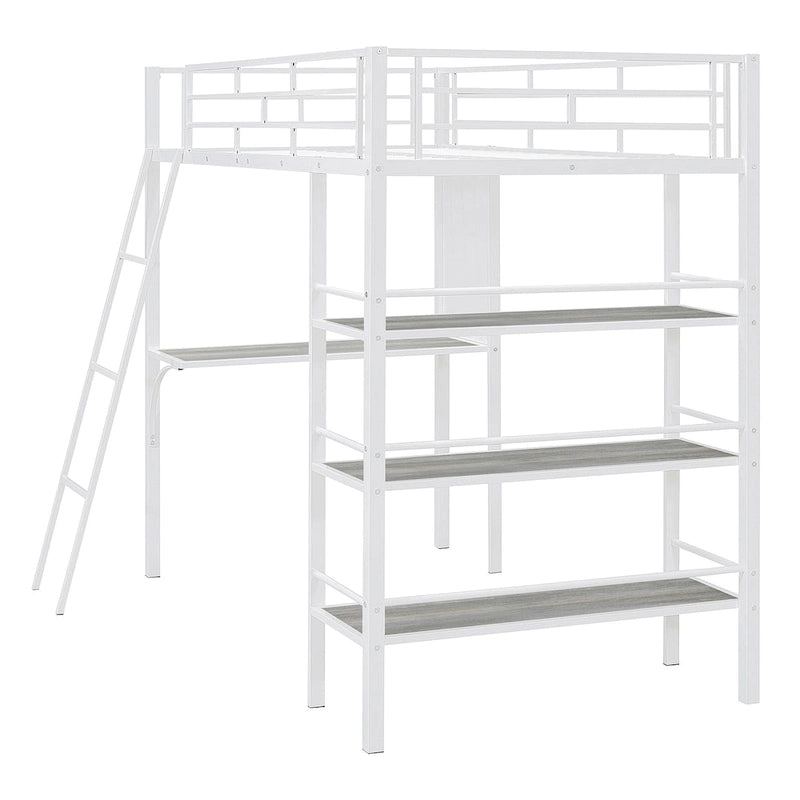 White Twin Loft Metal Bed with Shelves