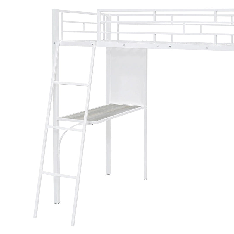 White Twin Loft Metal Bed with Shelves