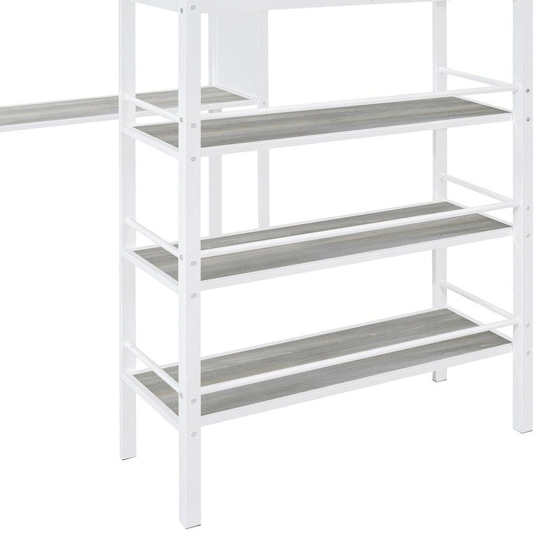 White Twin Loft Metal Bed with Shelves