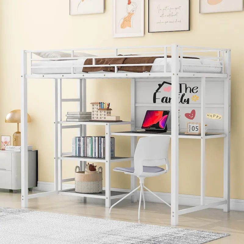 Metal Loft Bed with Desk, Whiteboard, Shelves, and Ladder