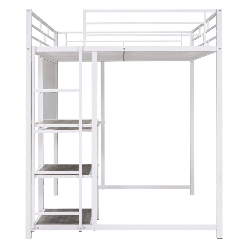 Metal Loft Bed with Desk, Whiteboard, Shelves, and Ladder