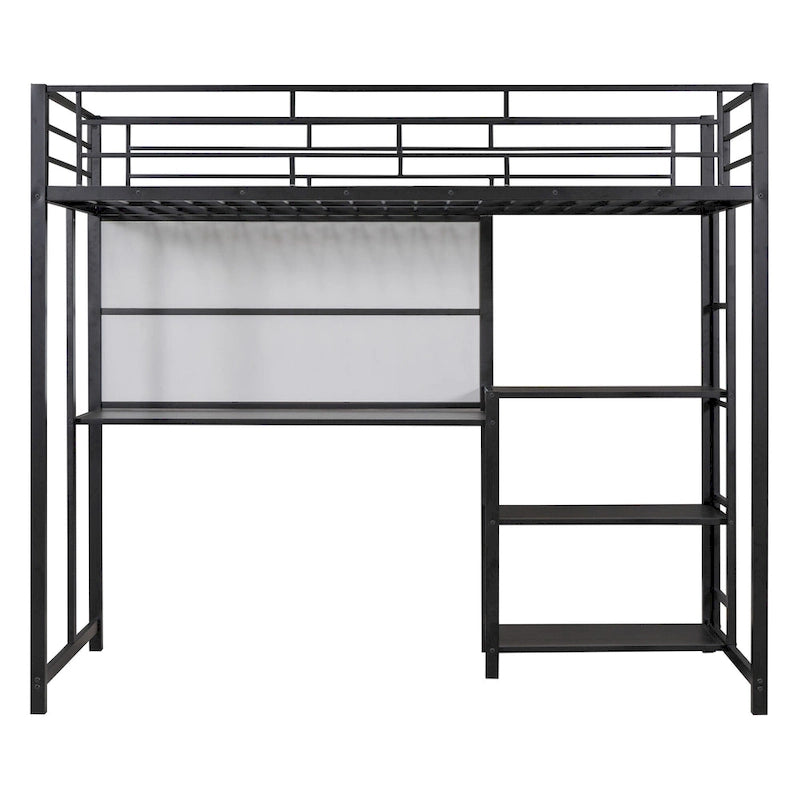 Metal Loft Bed with Desk, Whiteboard, Shelves, and Ladder