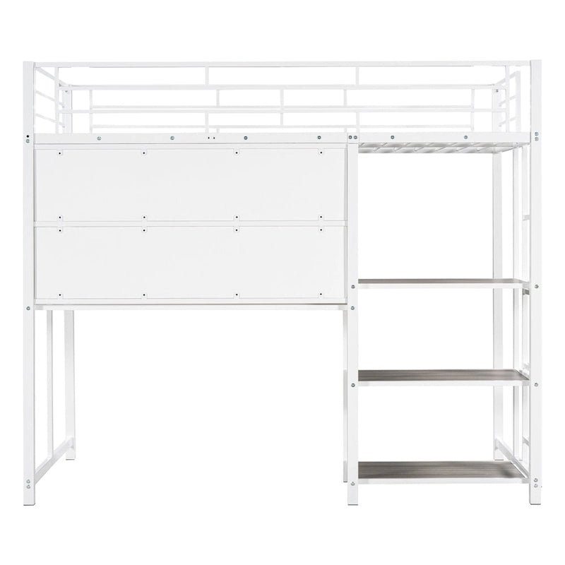Metal Loft Bed with Desk, Whiteboard, Shelves, and Ladder