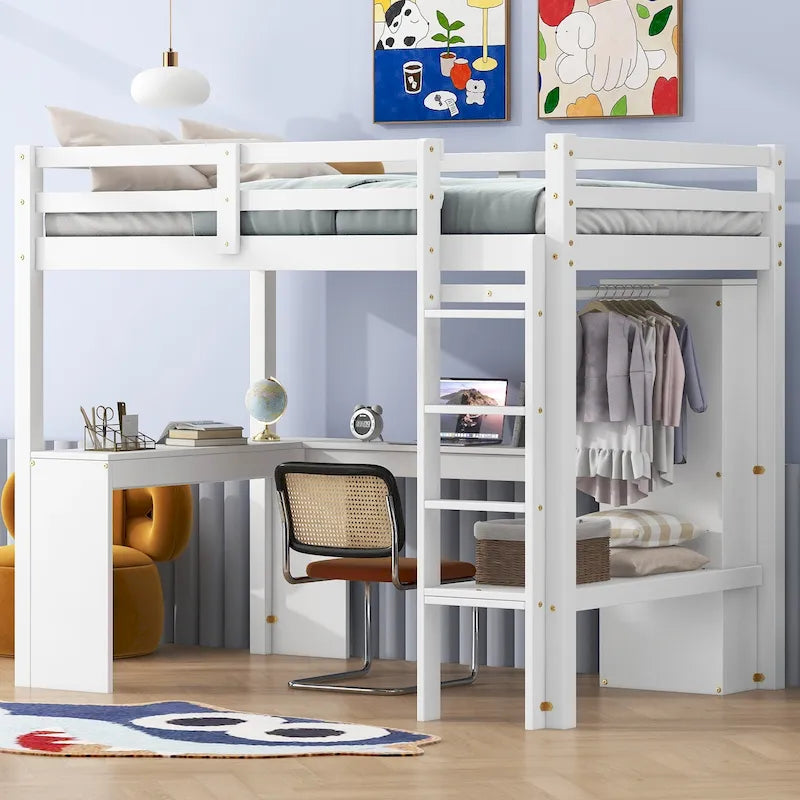 Twin Size Solid Wood Loft Bed with L-shaped Desk & Storage
