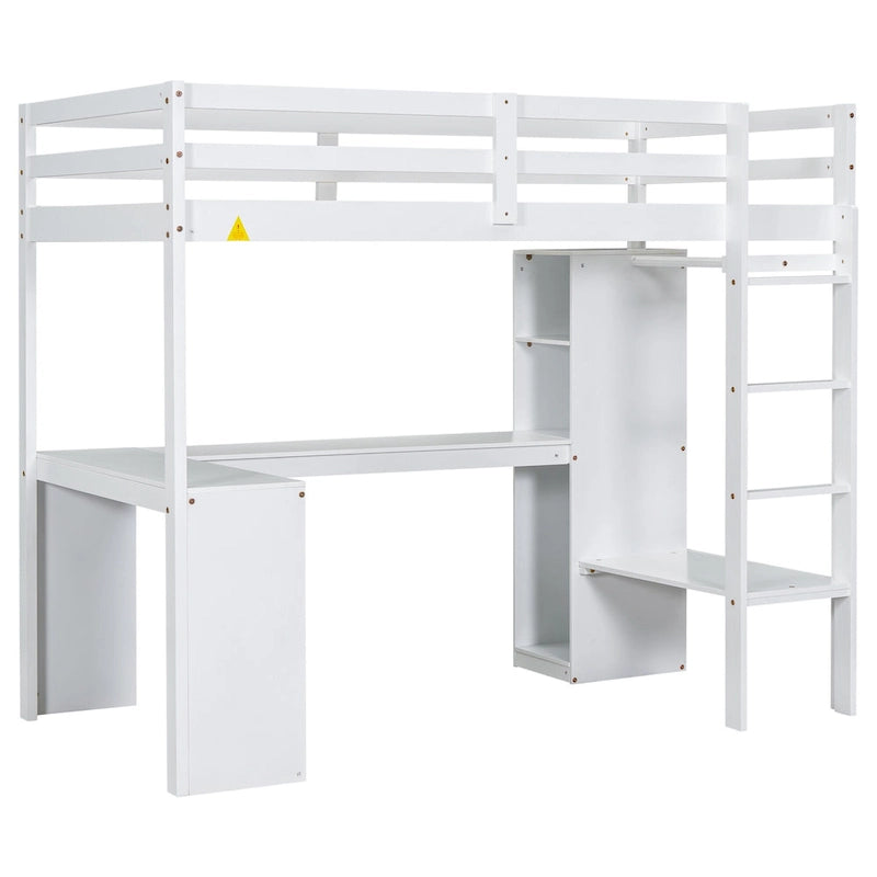 Twin Size Solid Wood Loft Bed with L-shaped Desk & Storage