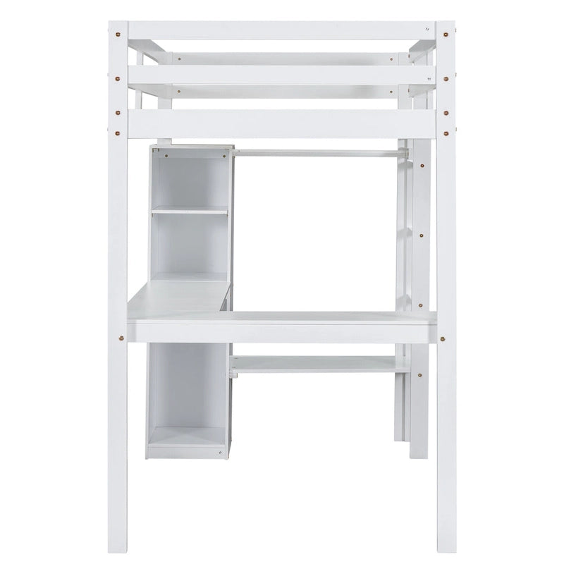 Twin Size Solid Wood Loft Bed with L-shaped Desk & Storage