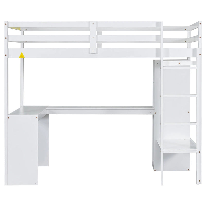 Twin Size Solid Wood Loft Bed with L-shaped Desk & Storage