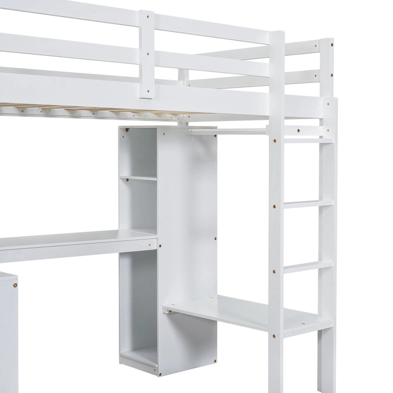 Twin Size Solid Wood Loft Bed with L-shaped Desk & Storage