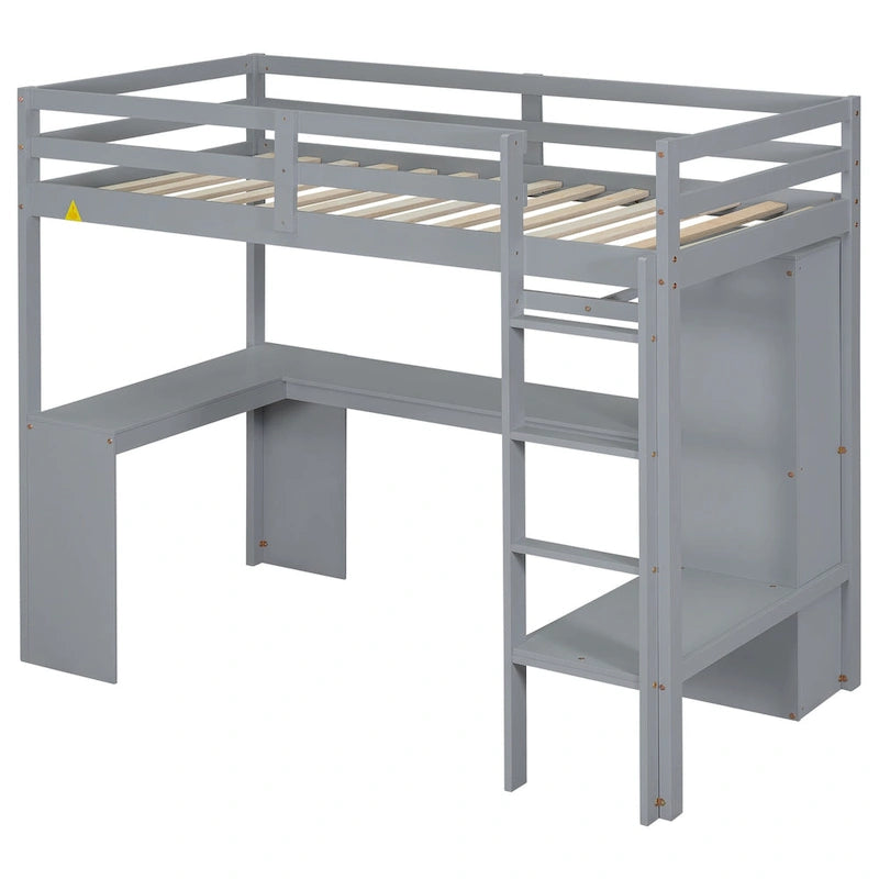 Twin Size Solid Wood Loft Bed with L-shaped Desk & Storage