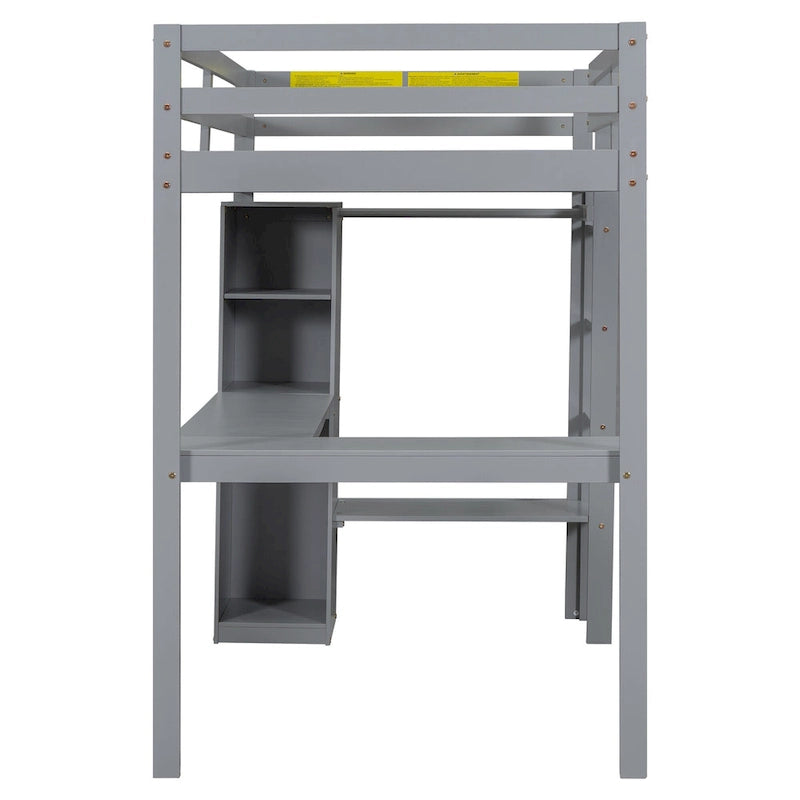 Twin Size Solid Wood Loft Bed with L-shaped Desk & Storage