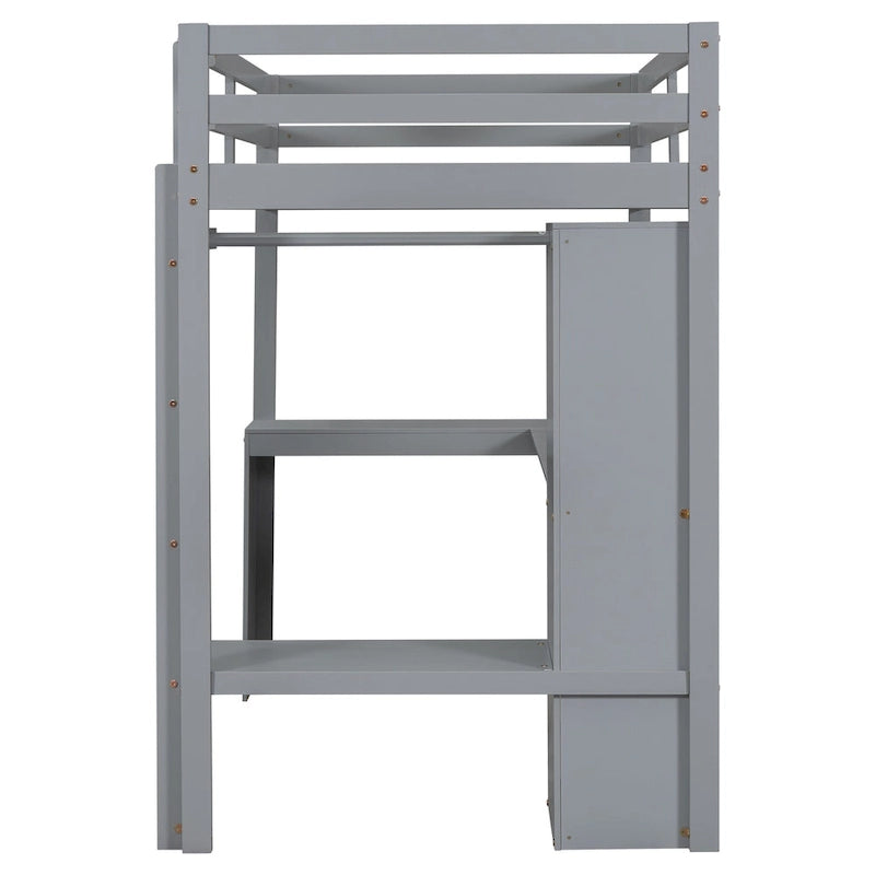 Twin Size Solid Wood Loft Bed with L-shaped Desk & Storage