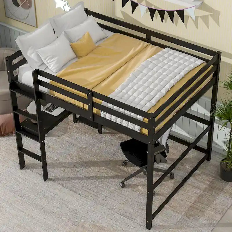 Wood Loft Bed with Built-in Desk and Safety Guardrails