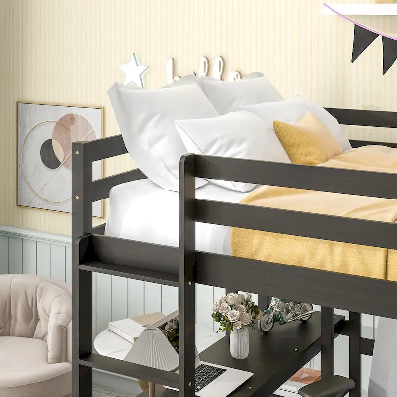 Wood Loft Bed with Built-in Desk and Safety Guardrails