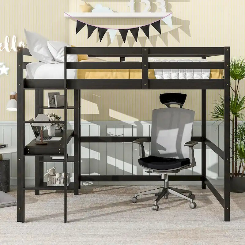 Wood Loft Bed with Built-in Desk and Safety Guardrails