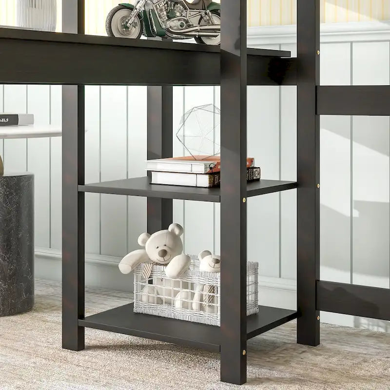 Wood Loft Bed with Built-in Desk and Safety Guardrails