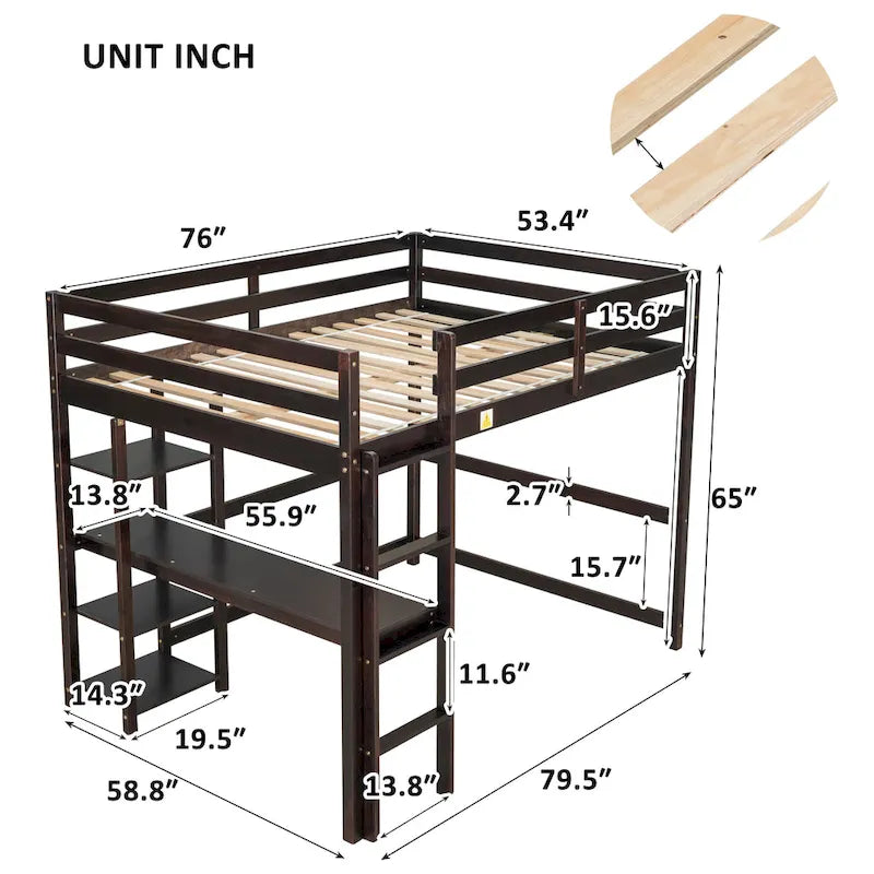 Wood Loft Bed with Built-in Desk and Safety Guardrails