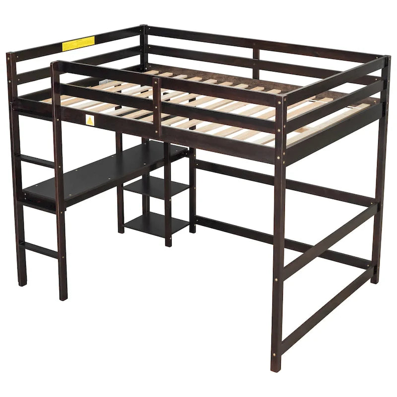 Wood Loft Bed with Built-in Desk and Safety Guardrails