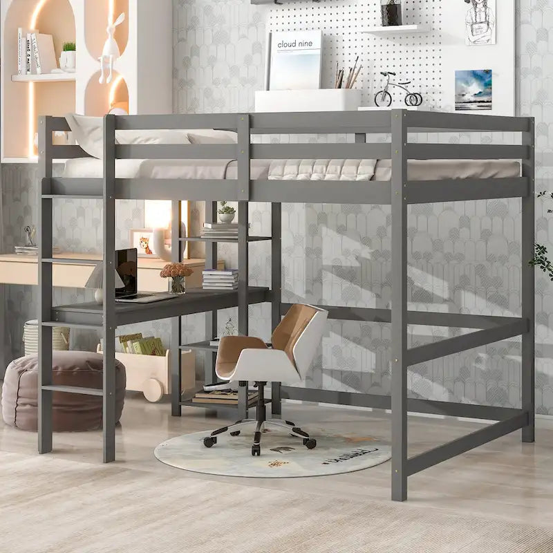 Wood Loft Bed with Built-in Desk and Safety Guardrails