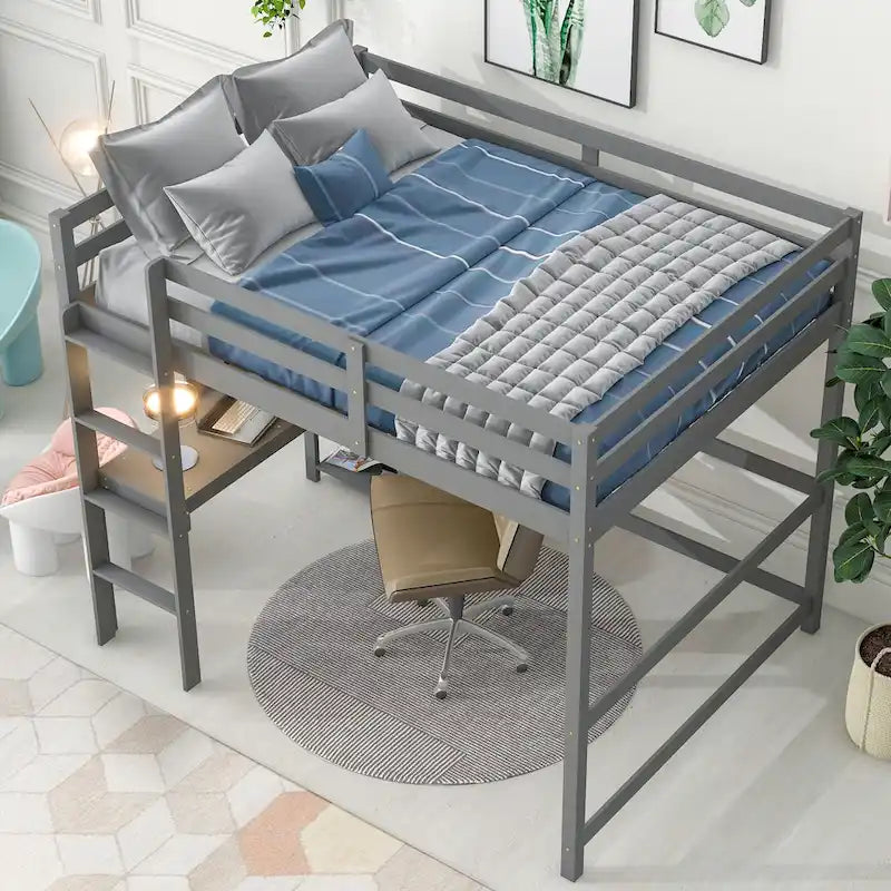 Wood Loft Bed with Built-in Desk and Safety Guardrails