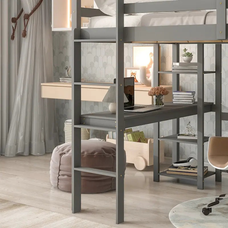 Wood Loft Bed with Built-in Desk and Safety Guardrails