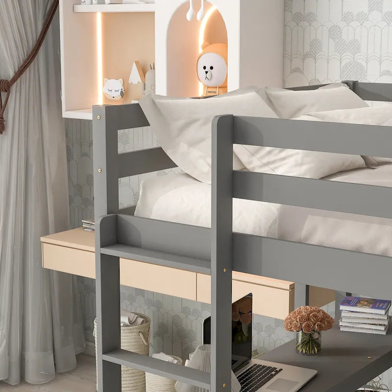 Wood Loft Bed with Built-in Desk and Safety Guardrails