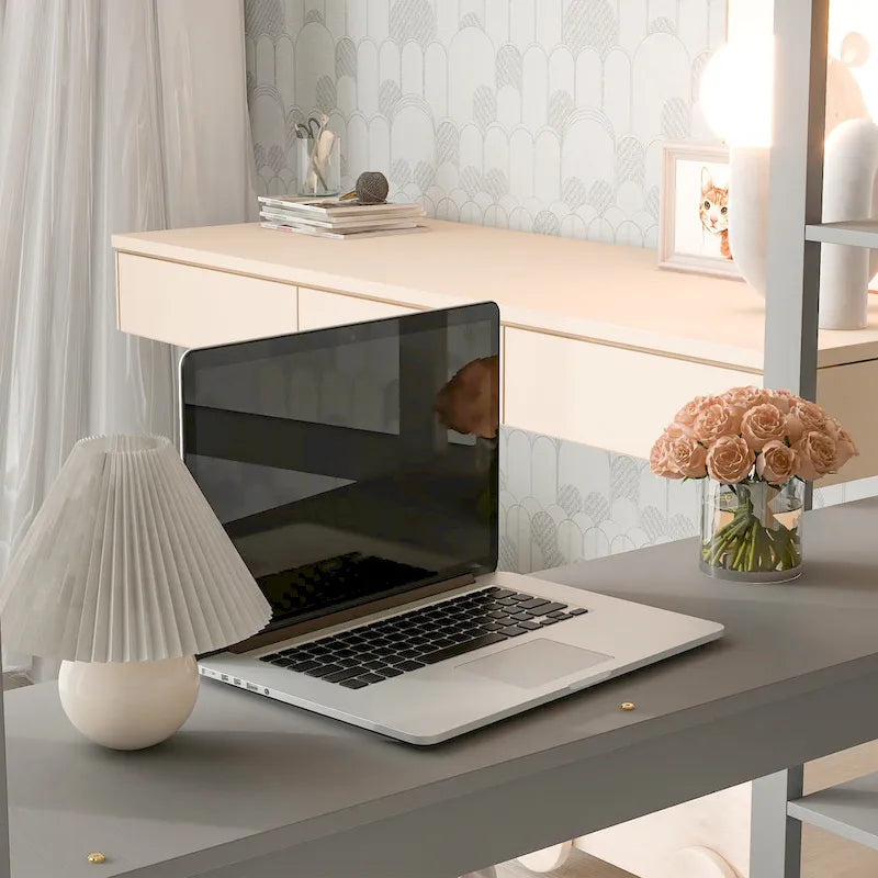 Wood Loft Bed with Built-in Desk and Safety Guardrails