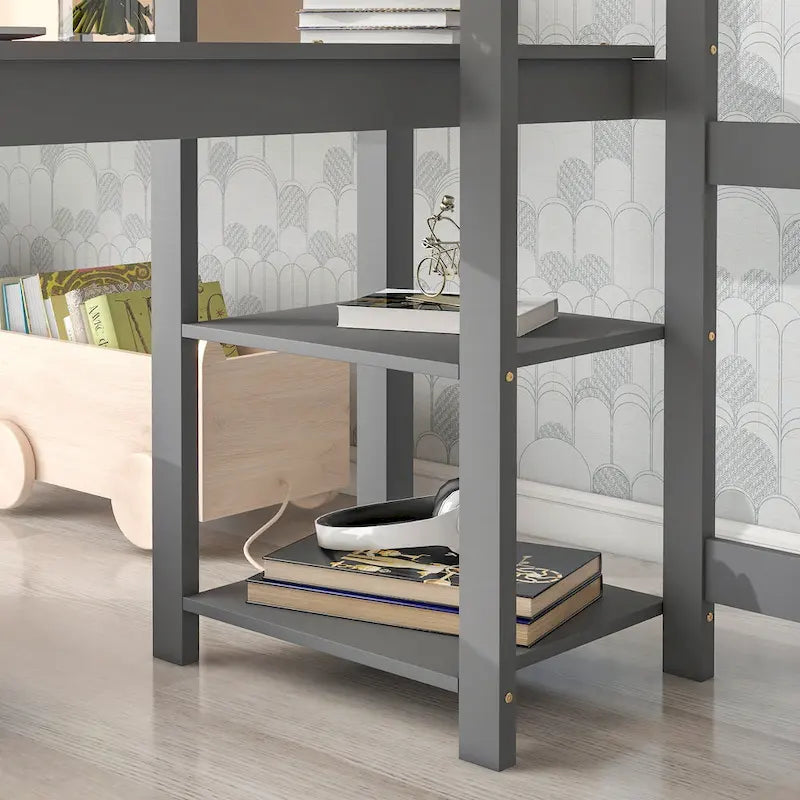 Wood Loft Bed with Built-in Desk and Safety Guardrails
