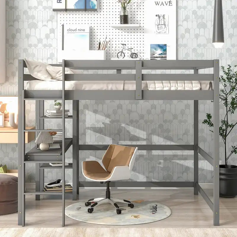 Wood Loft Bed with Built-in Desk and Safety Guardrails