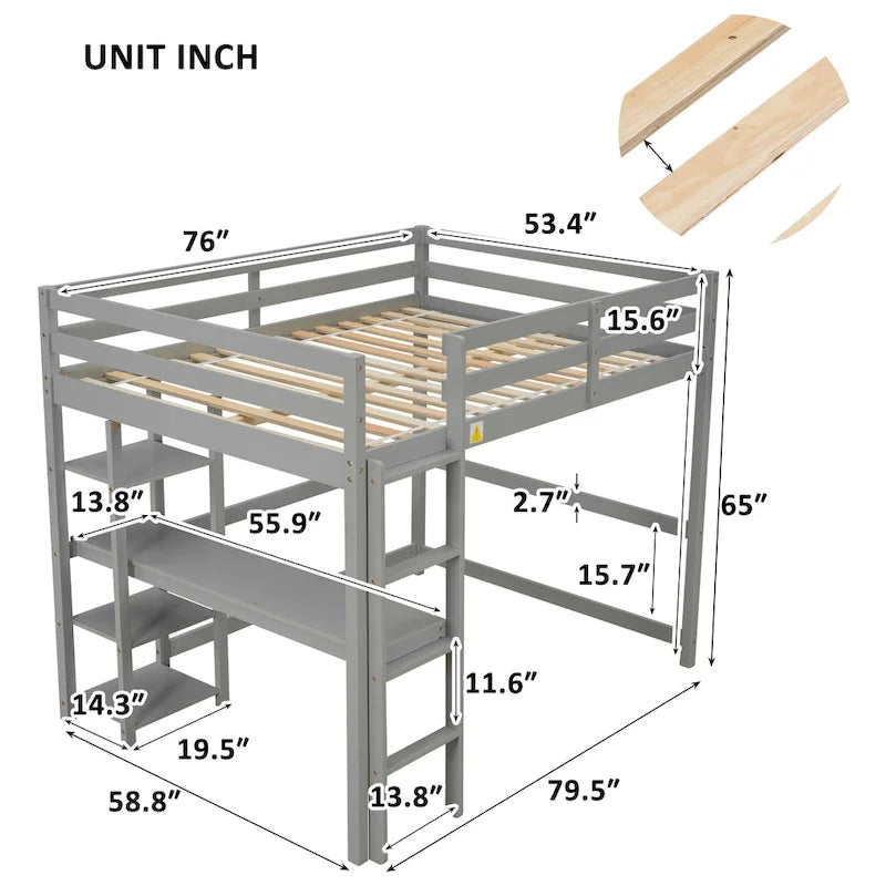 Wood Loft Bed with Built-in Desk and Safety Guardrails