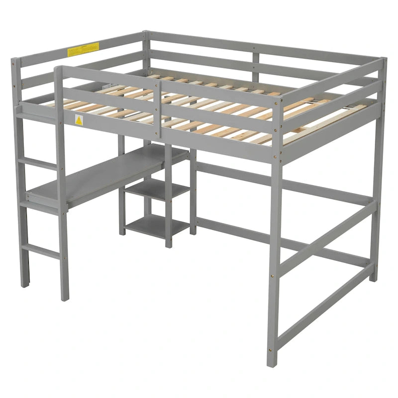 Wood Loft Bed with Built-in Desk and Safety Guardrails