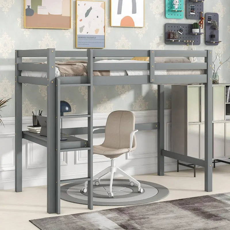 Wood Loft Bed with Built-in Desk and Safety Guardrails