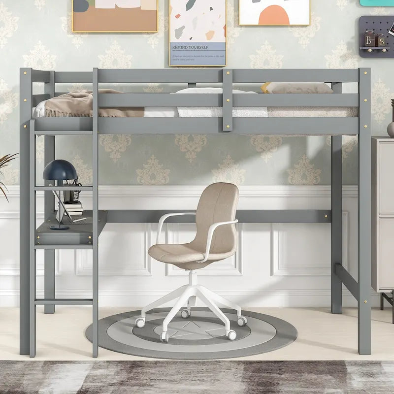 Wood Loft Bed with Built-in Desk and Safety Guardrails