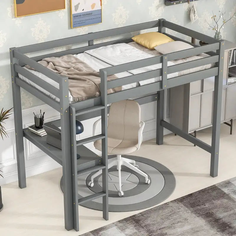 Wood Loft Bed with Built-in Desk and Safety Guardrails