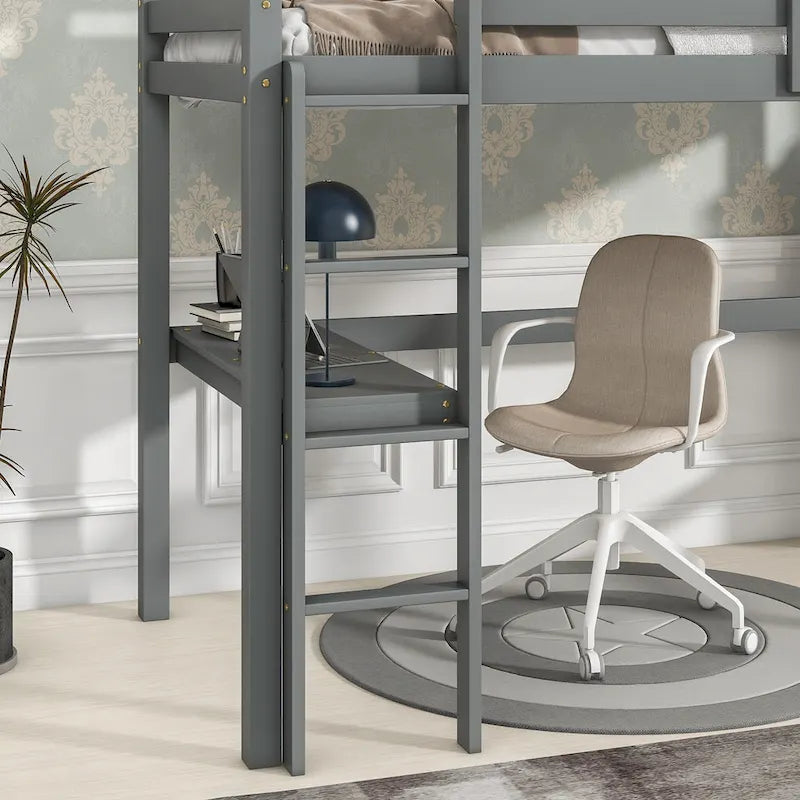 Wood Loft Bed with Built-in Desk and Safety Guardrails