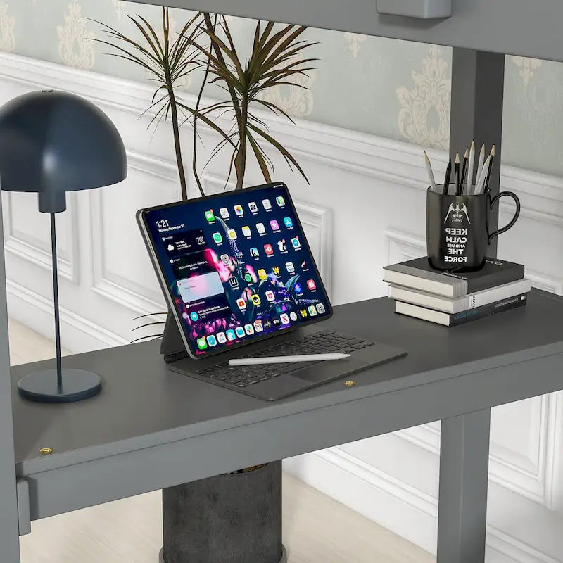 Wood Loft Bed with Built-in Desk and Safety Guardrails