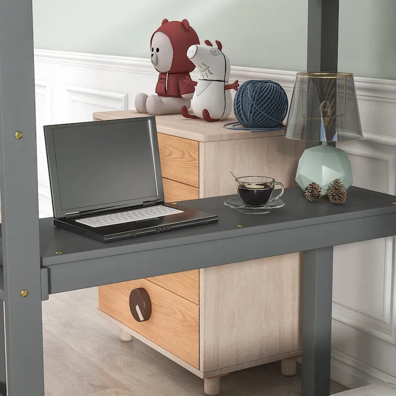 Wood Loft Bed with Built-in Desk and Safety Guardrails