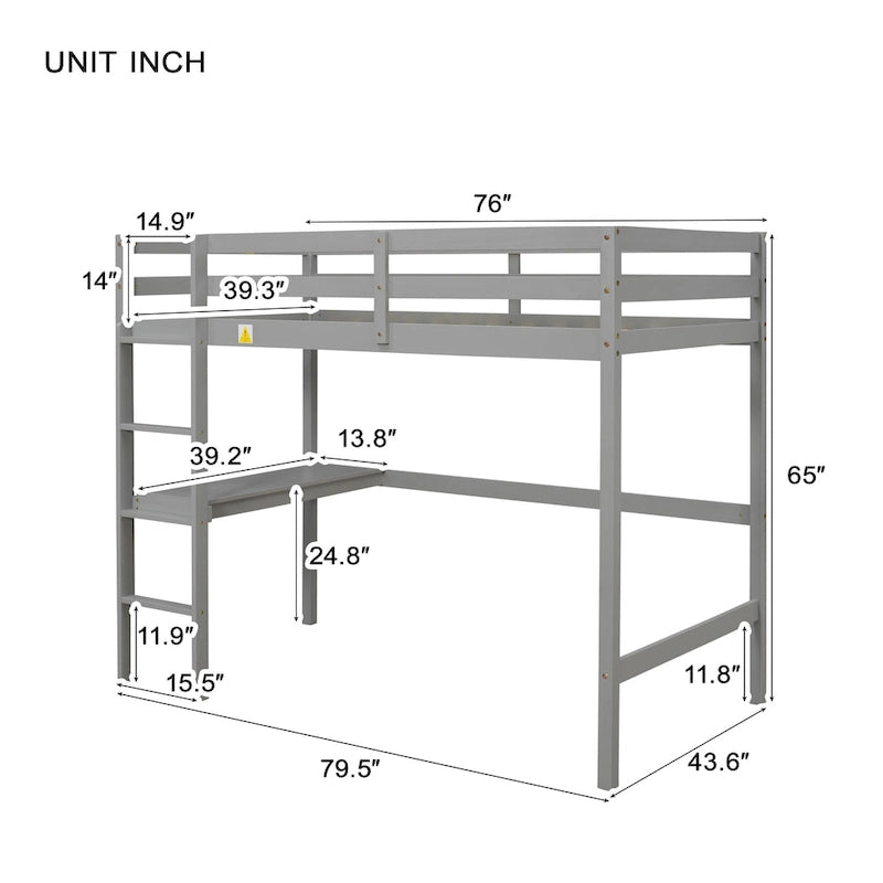 Wood Loft Bed with Built-in Desk and Safety Guardrails