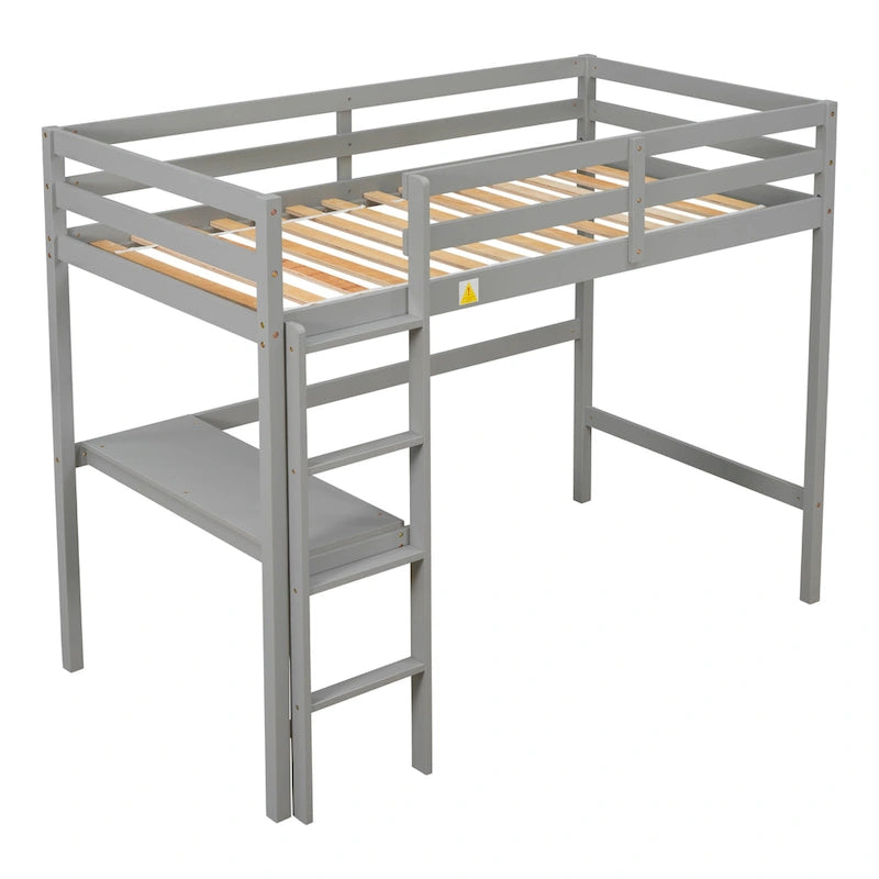 Wood Loft Bed with Built-in Desk and Safety Guardrails